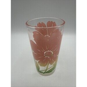 Vintage Federal Glass Pink Hibiscus Flower Tumbler Drinking Glass 4.5” Floral